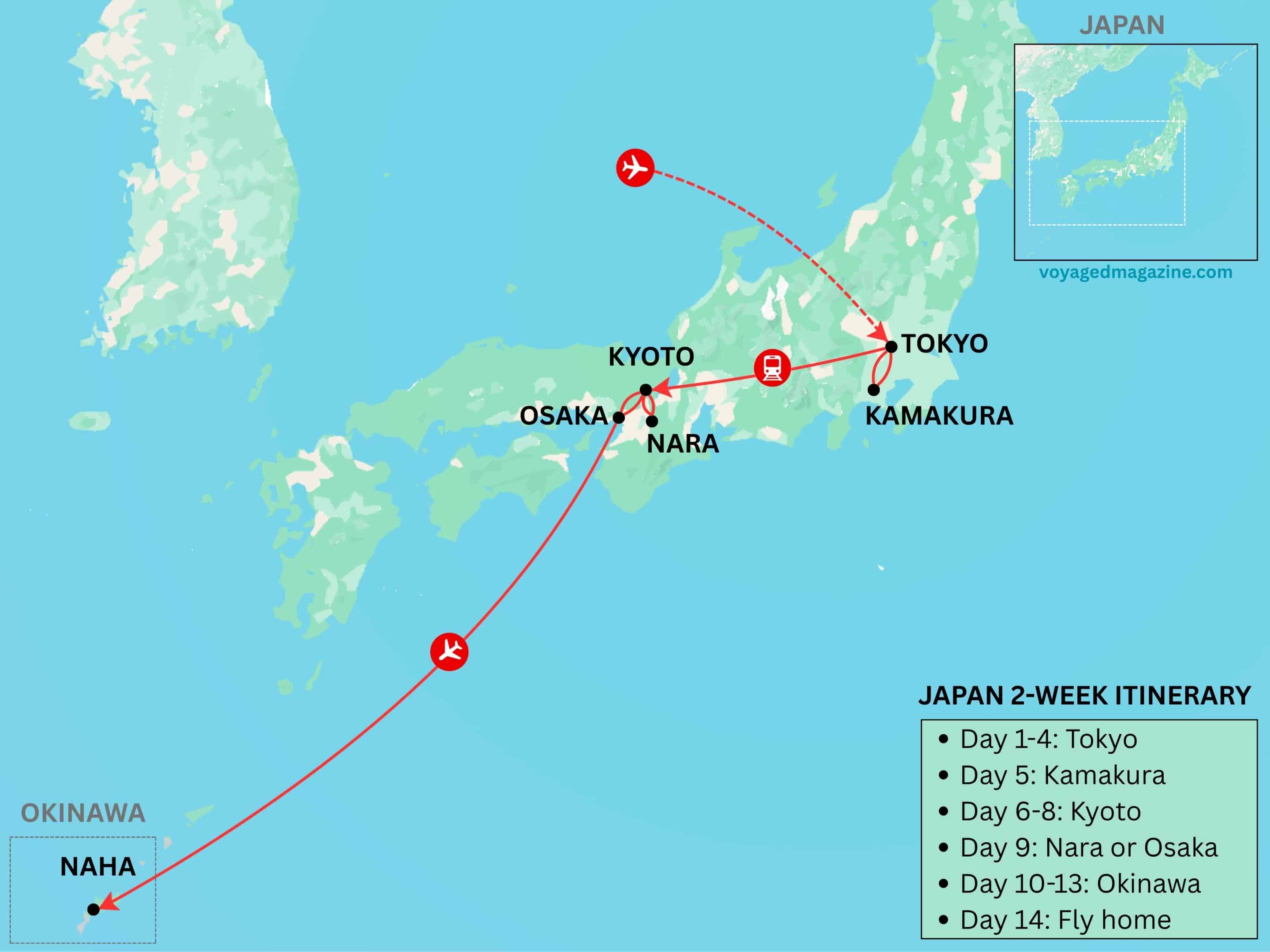Japan 2 weeks itinerary map Japan 2 weeks itinerary map