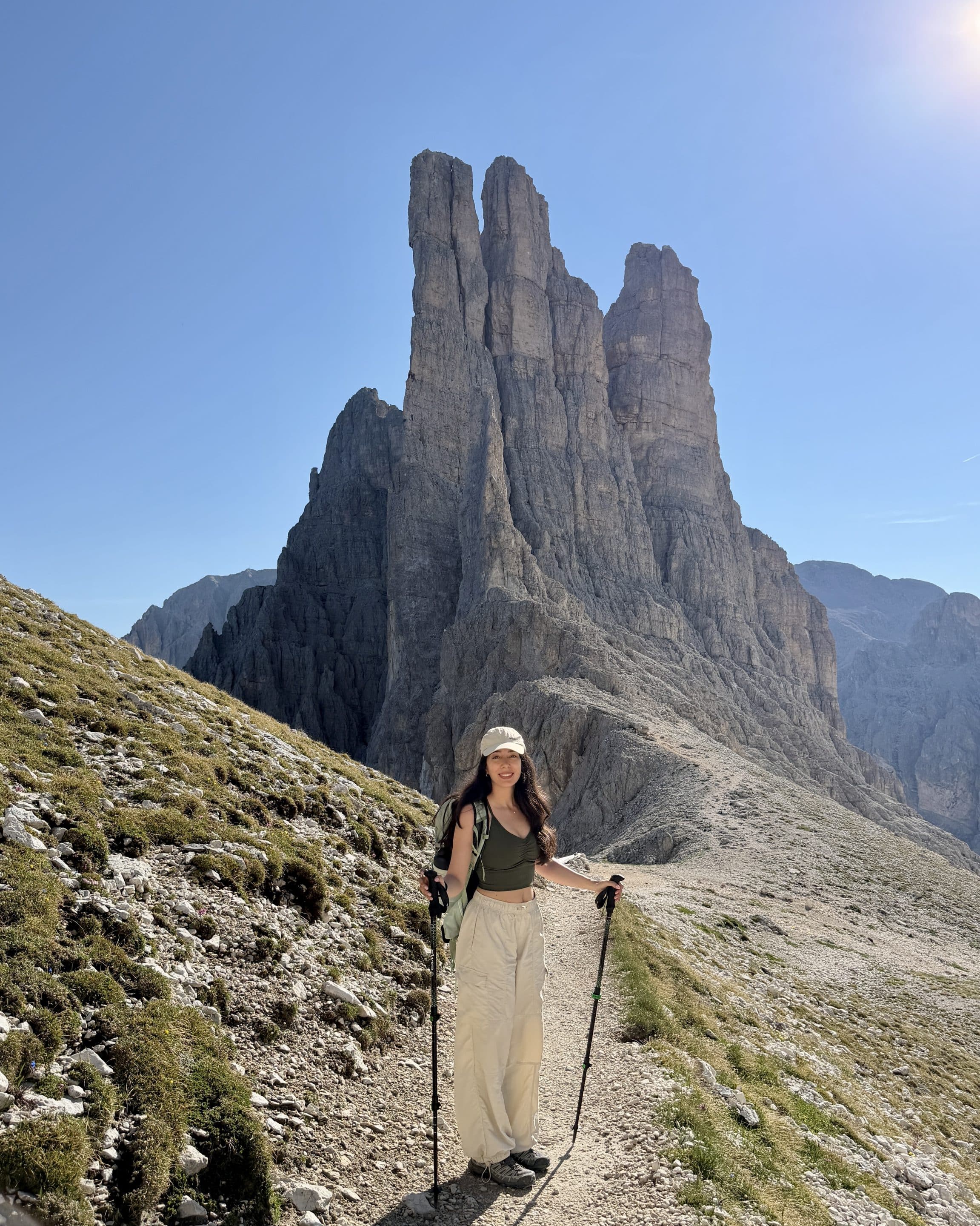 Vajolet towers hike Dolomites 11 Vajolet towers hike Dolomites girl posing viewpoint